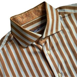 Robert Graham Striped Flip Cuff Button Up Dress Shirt Lavender/Bronze Size Large